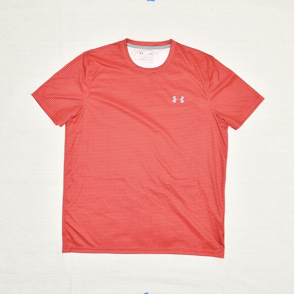 Under Armour Men T Shirt Crew Neck Striped Polyester Red Size L Loose Heatgear - Picture 2 of 8